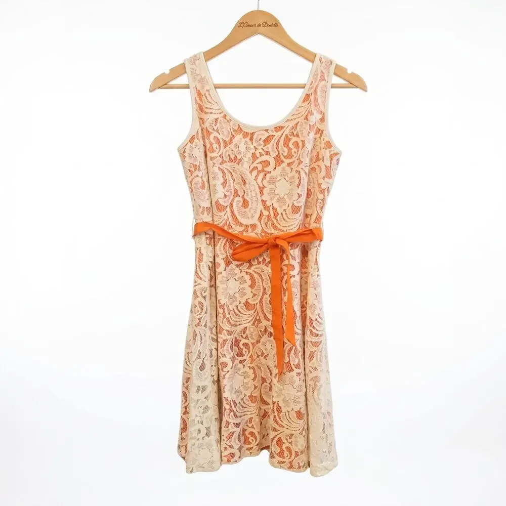 Sandra Darren Womens Size 6 Orange Cream Lace Fit Flare Dress Belted Sleeveless